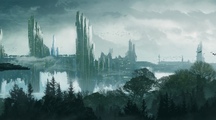 Futuristic city skyline reflected in water with misty atmosphere
