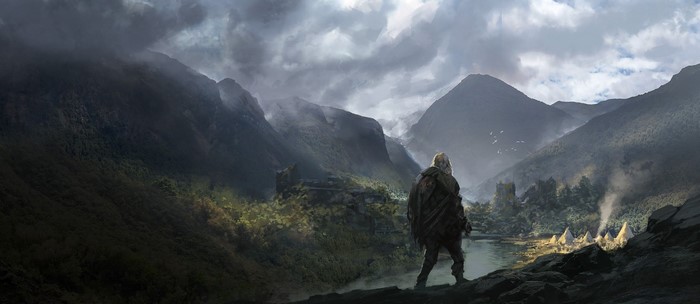 Fantasy art of a lone figure overlooking a misty valley village