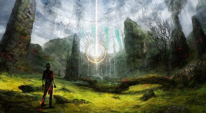 Fantasy landscape with a glowing portal and a lone figure