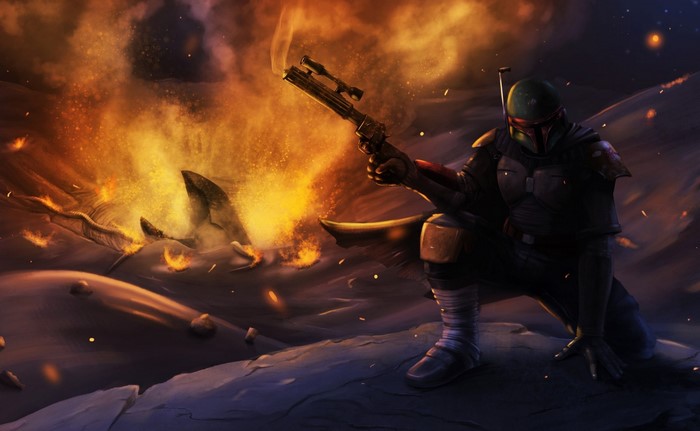 Boba Fett in a fiery Star Wars scene