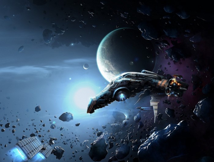 Spaceship navigating an asteroid field near a planet