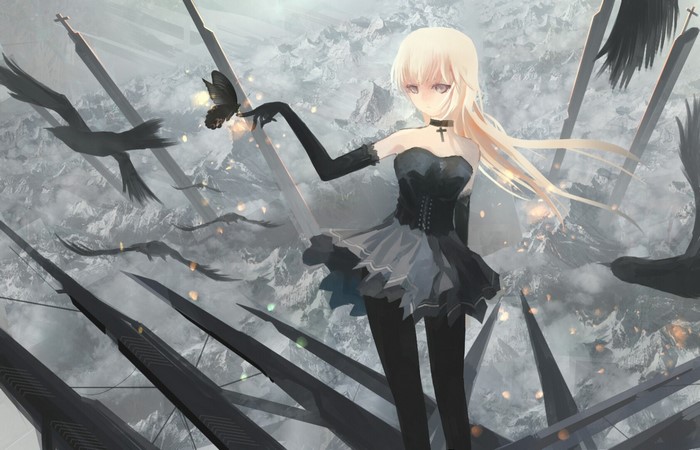 Anime girl with butterfly and crows