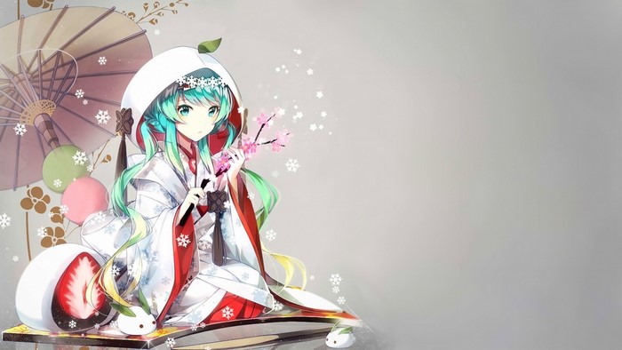 Yuki Miku from Vocaloid in a Kimono with Cherry Blossoms