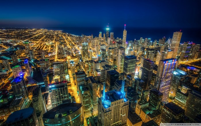 Chicago cityscape at night from above