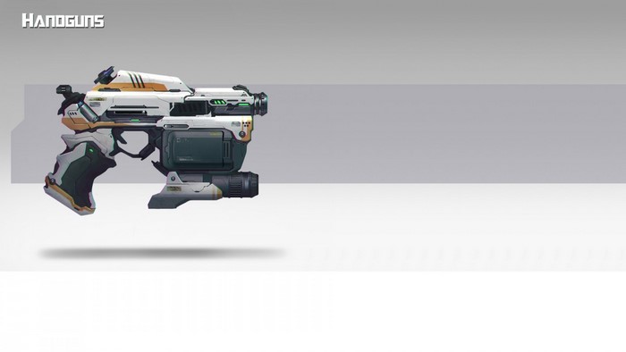 Futuristic handgun with white and orange accents
