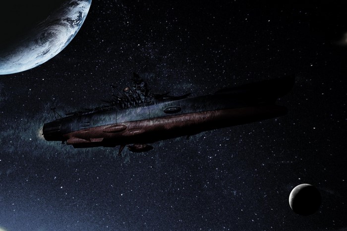 Spaceship from Uchuu Senkan Yamato 2199 in space with planets