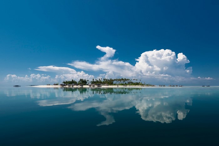 Island with palm trees and reflection in the sea