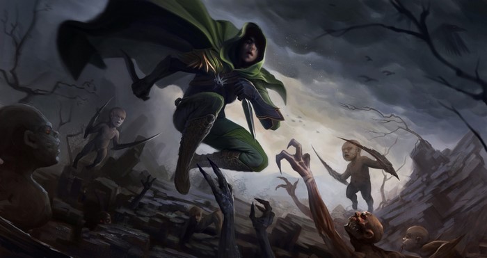 Fantasy warrior with knives fighting monsters in a dark landscape