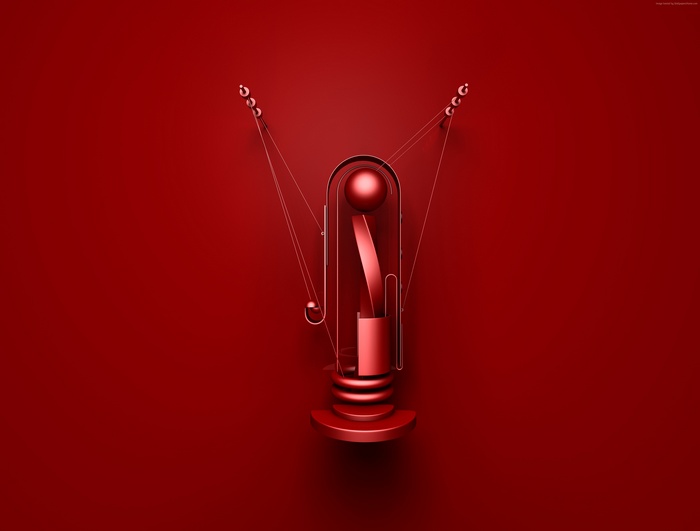 Red abstract 3D sculpture with strings