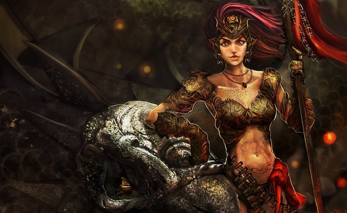 Fantasy art of a warrior woman with a dragon