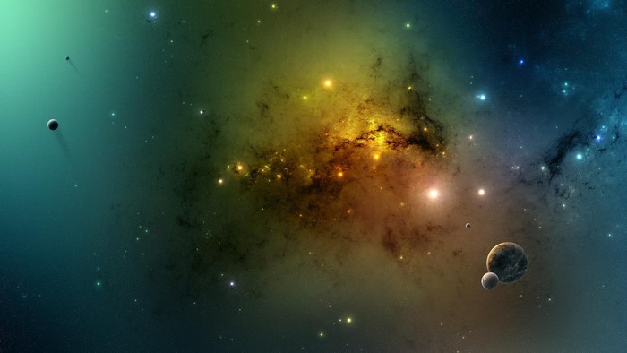 Galaxy and planets in outer space