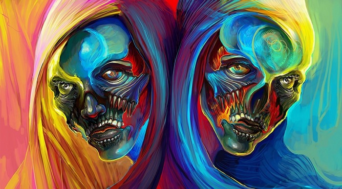 Two skulls with colorful, abstract faces