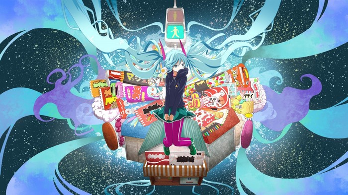 Hatsune Miku surrounded by candy and snacks