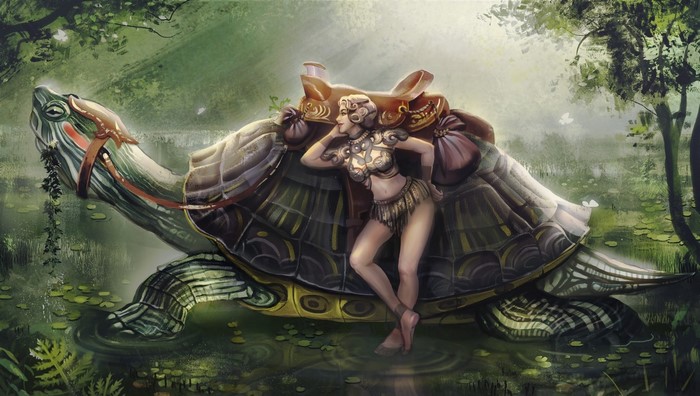 Fantasy art of a woman riding a giant turtle