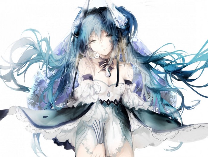 Hatsune Miku illustration with blue hair and white dress
