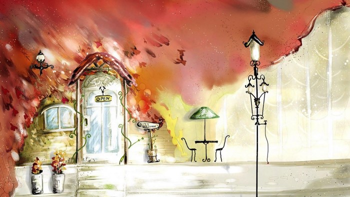 Watercolor painting of a cafe with an open sign