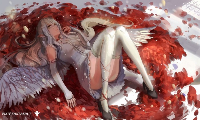 Anime girl with wings lying on red petals