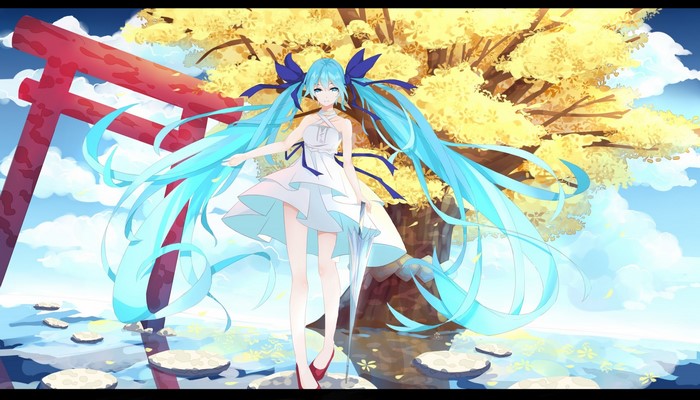 Hatsune Miku in a white dress near a torii gate