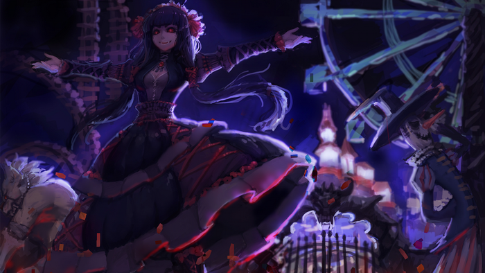 Anime girl in gothic lolita dress at a carnival