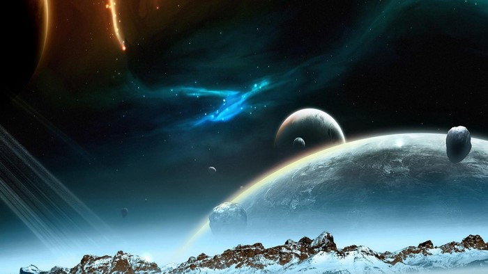 Digital art of planets and nebulae in space