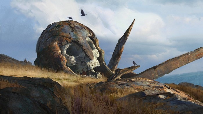 Giant skull-shaped ruin with birds in a dry landscape