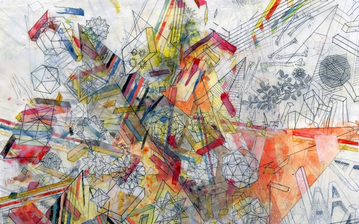 Abstract geometric drawing and painting with watercolor splashes