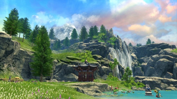 Fantasy landscape with mountains, waterfall, and pagoda