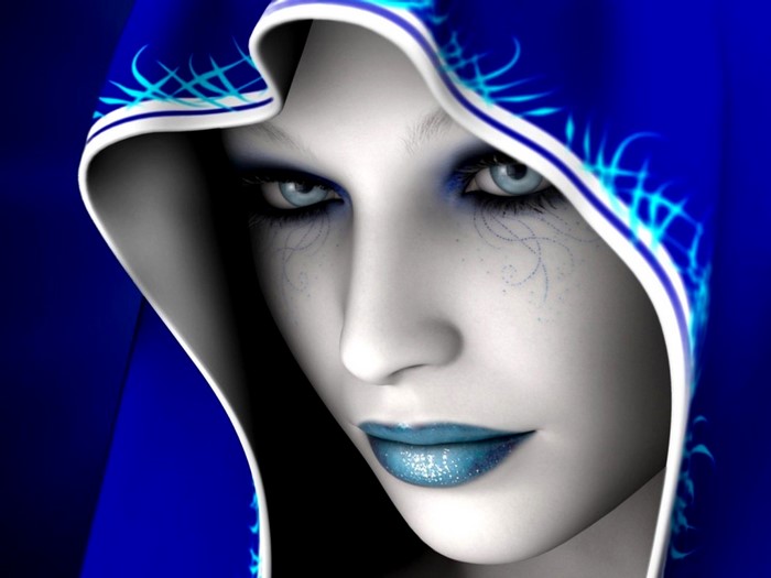 Mystical Woman in Blue Hooded Cloak