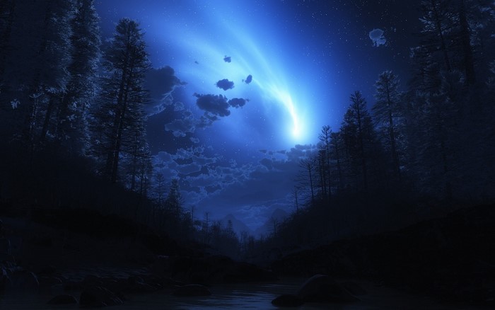 Night sky with a bright celestial event over a forest and river