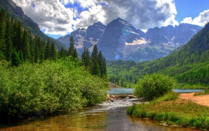 Mountain valley with a river and lake