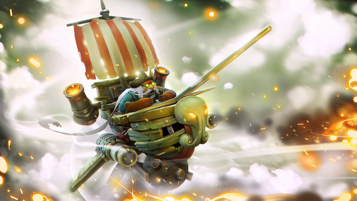 Gyrocopter from Dota 2 on a steampunk boat