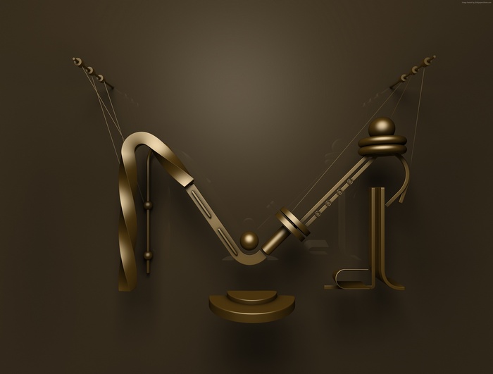 3D abstract metallic letter M typography