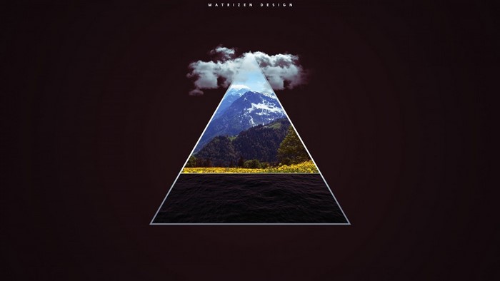 Triangle with mountains, clouds, and water