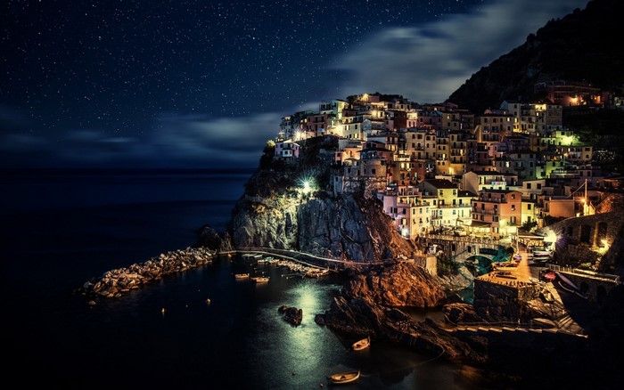 Colorful Italian Village on a Cliffside at Night