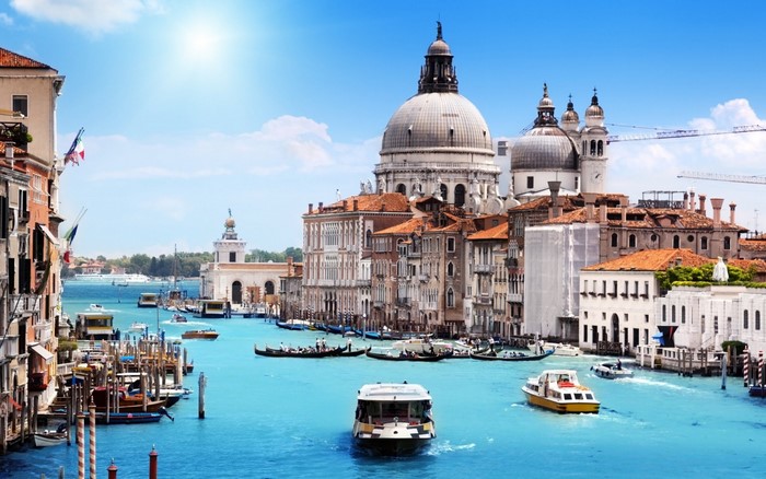 Venice Canal with Boats and Basilica di Santa Maria della Salute