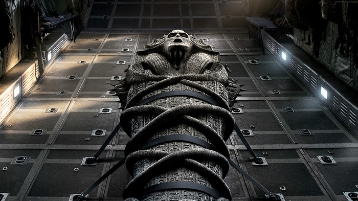 The Mummy sarcophagus in a cargo plane