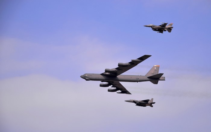 Boeing B-52 Stratofortress with F-15 Eagles