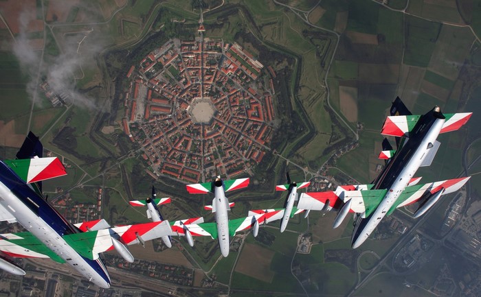 Frecce Tricolori fly over Palmanova, Italy