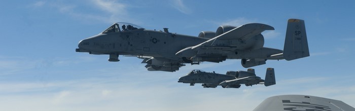 Two Fairchild Republic A-10 Thunderbolt II aircraft flying in formation