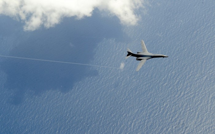 Rockwell B-1 Lancer bomber flying over the ocean