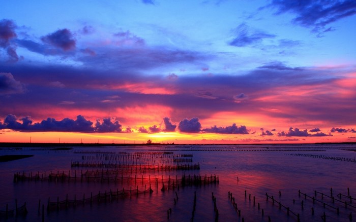 Sunset over the water with fishing nets