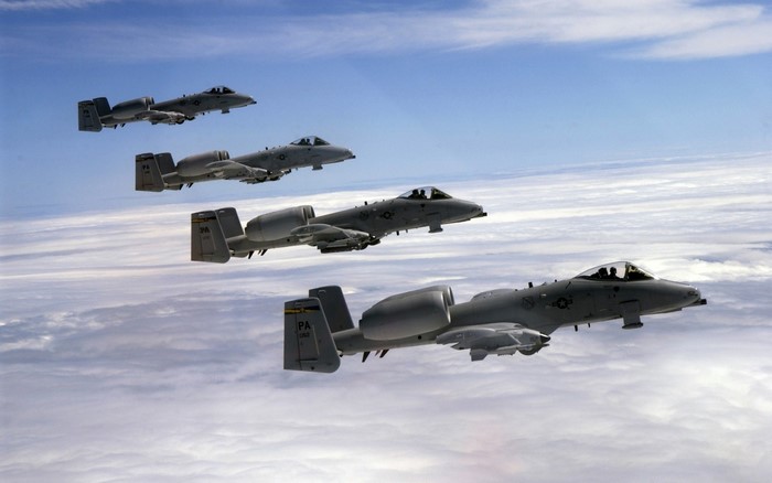 Formation of A-10 Thunderbolt II Fighter Aircraft in Flight