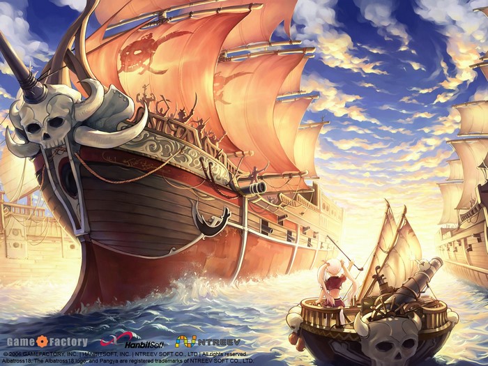 Pirate ships in the sky with anime girl