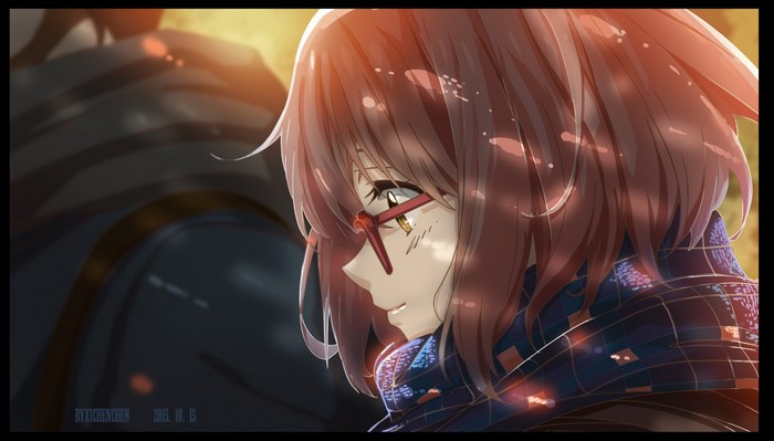 Mirai Kuriyama from Kyoukai no Kanata wearing glasses and scarf
