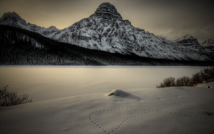 Snowy mountains and frozen lake with animal tracks