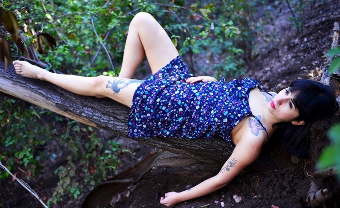 Woman in blue dress lying on a tree trunk