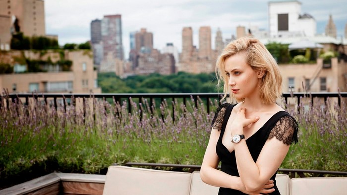 Sarah Gadon on a rooftop in New York City