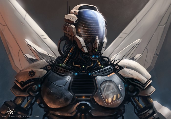 Fantasy art of a winged robot mecha