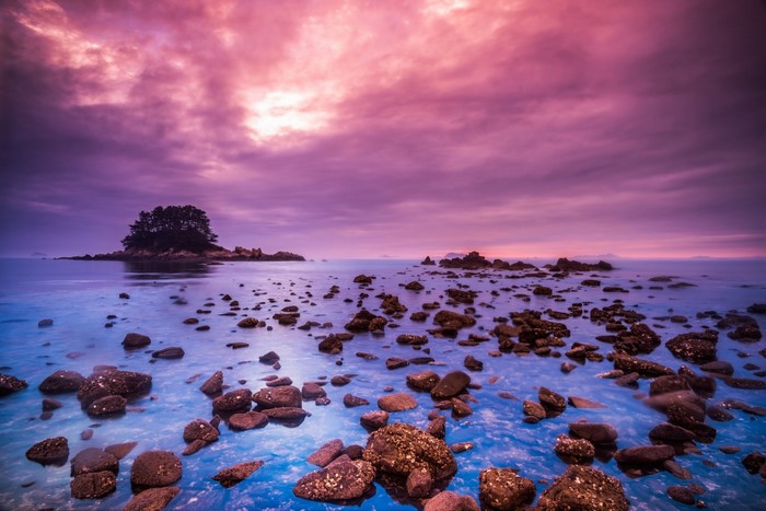 Rocky coast with island and purple sunset sky