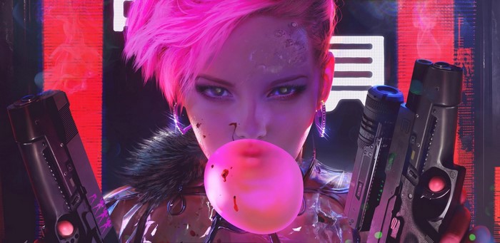Cyberpunk woman with pink hair and guns blowing bubblegum